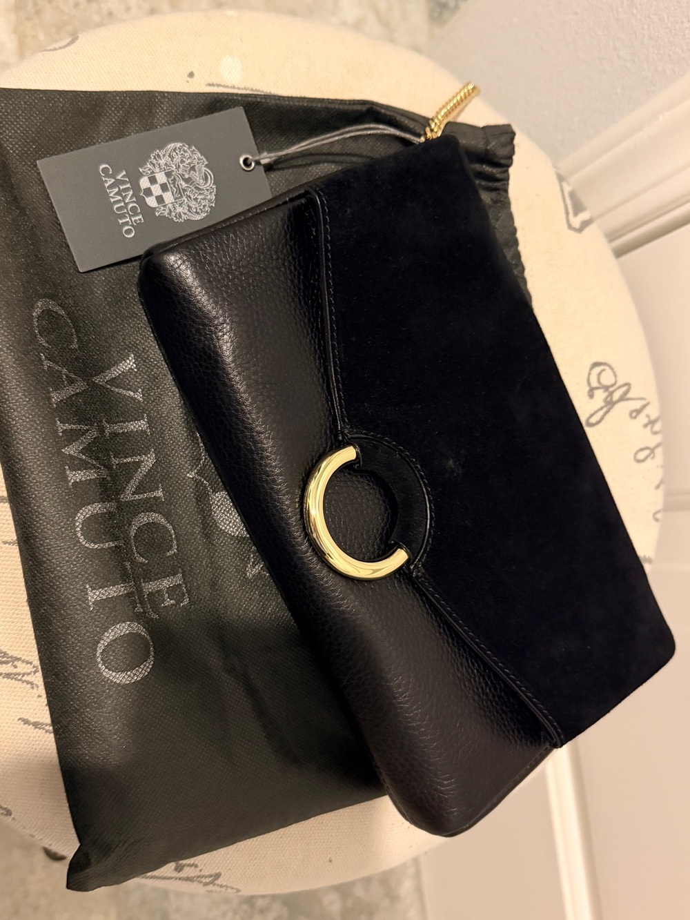 Vince Camuto Black Leather & Suede Clutch with Gold Ring Hardware